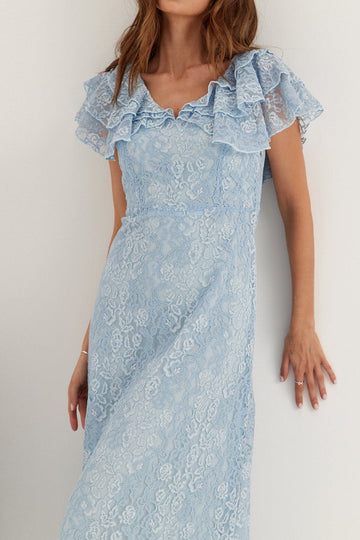 Lace Ruffle V-Neck Midi Dress