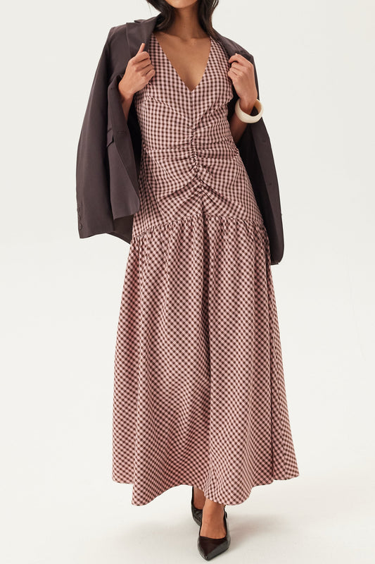 V-Neck Ruched Check Midi Dress