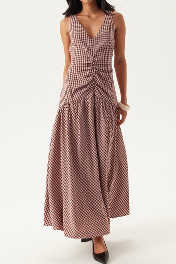 V-Neck Ruched Check Midi Dress