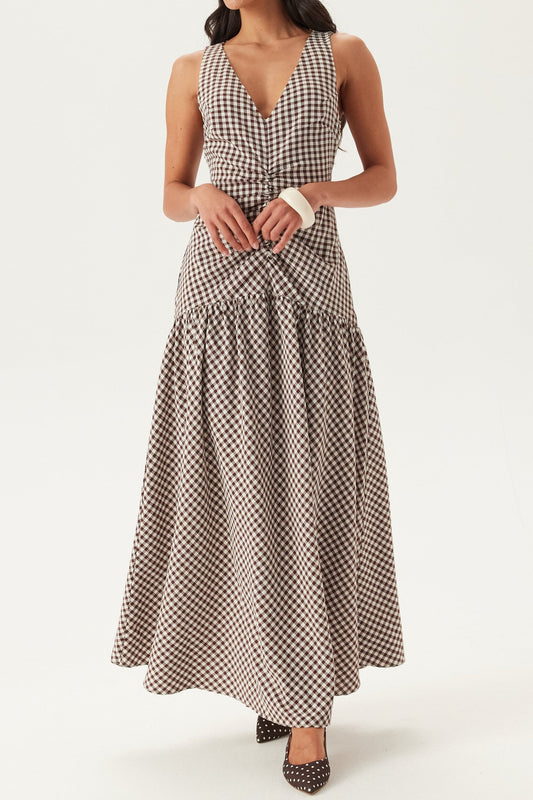 V-Neck Ruched Check Midi Dress