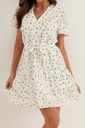 Floral V-Neck Tie Waist Mini Dress