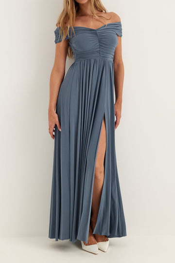 Bardot Ruched Split Maxi Dress