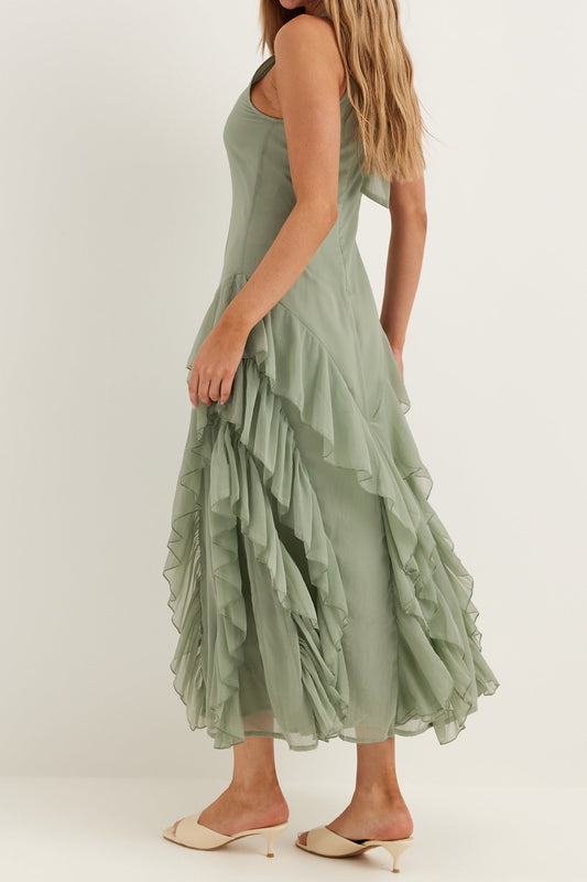 Halterneck Flounce Asymmetric Midi Dress