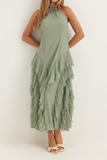 Halterneck Flounce Asymmetric Midi Dress