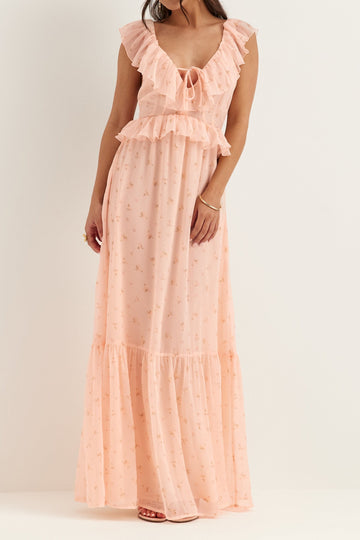 V-Neck Frill Tie Chiffon Maxi Dress
