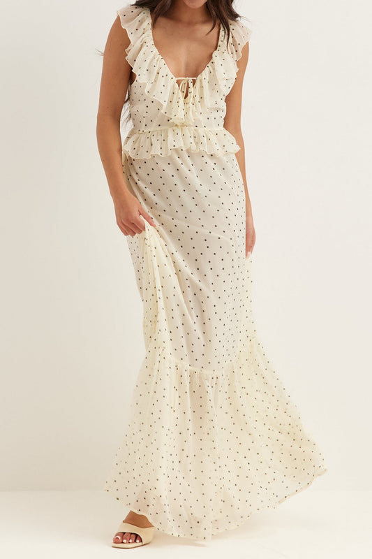 V-Neck Frill Tie Chiffon Maxi Dress