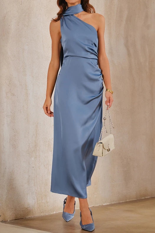 One Shoulder Satin A-Line Maxi Dress