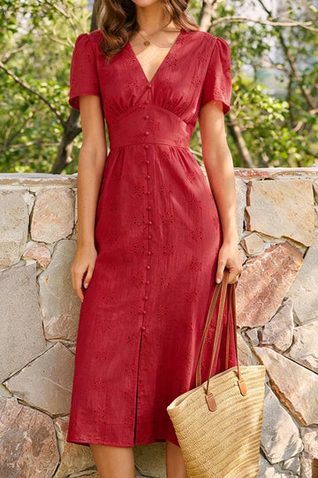 V-Neck Embroidery Midi Dress