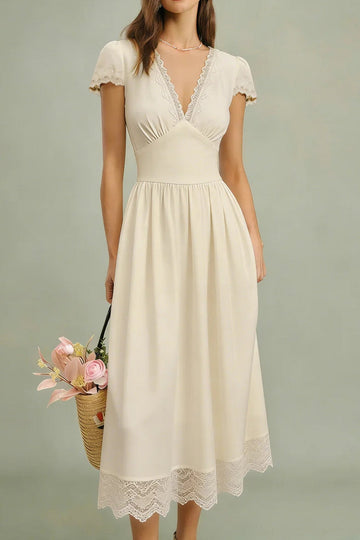 V-Neck Lace Trim Midi Dress
