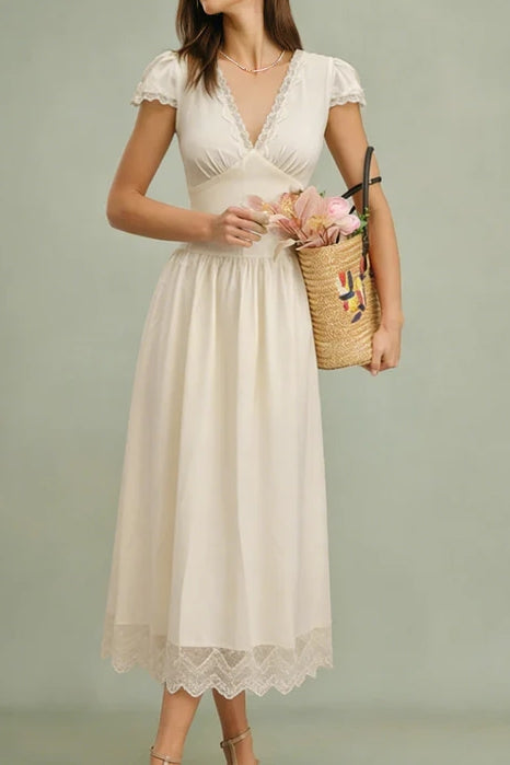 V-Neck Lace Trim Midi Dress