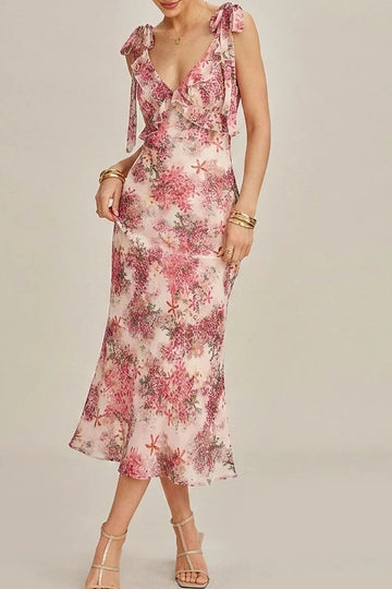 Floral Ruffle Tie Strap Midi Dress