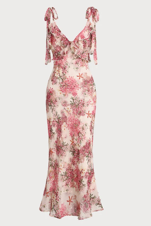 Floral Ruffle Tie Strap Midi Dress