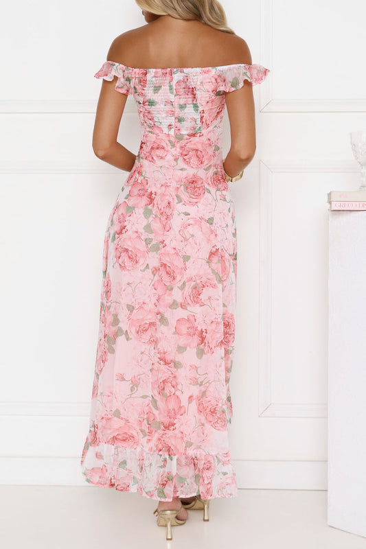 Off Shoulder Floral Ruffle Maxi Dress