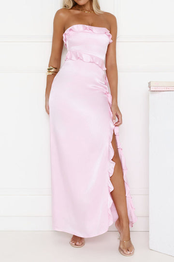 Strapless Satin Ruffle Maxi Dress