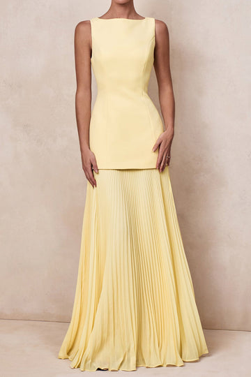 Boat-Neck Pleated Drop-Waist Maxi Dress