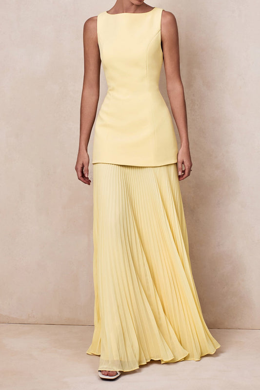 Boat-Neck Pleated Drop-Waist Maxi Dress