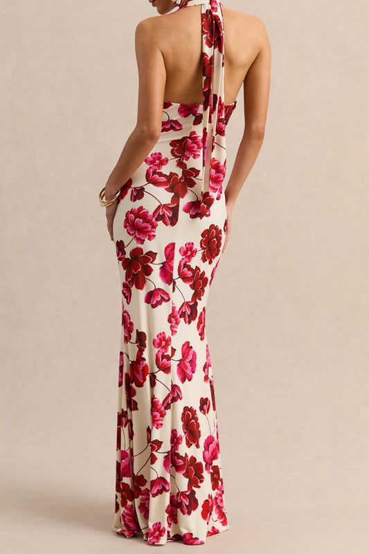 Floral Halter Plunge Slit Maxi Dress