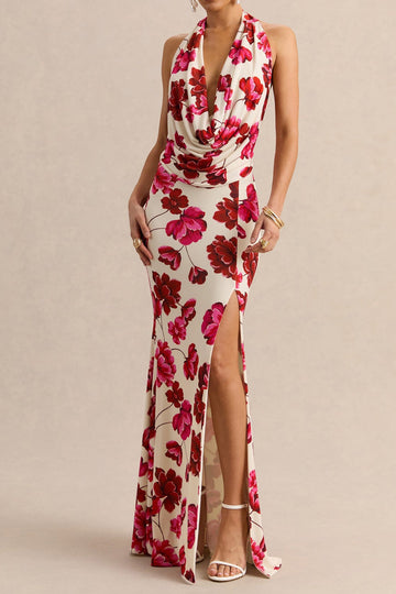 Floral Halter Plunge Slit Maxi Dress