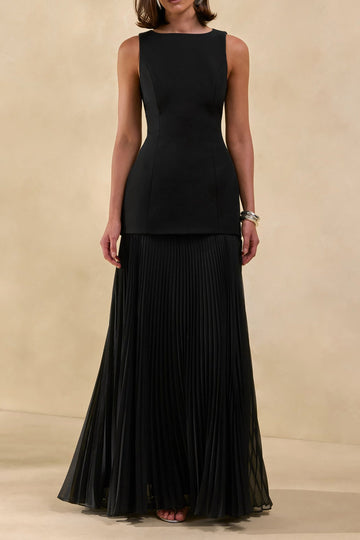 Boat-Neck Pleated Drop-Waist Maxi Dress