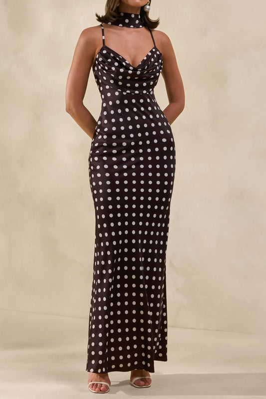 Polka-Dot Satin Cowl Maxi Dress