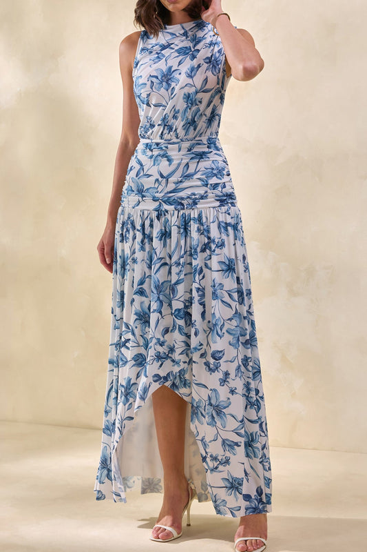 Porcelain-Print High-Neck Gathered Maxi Dress