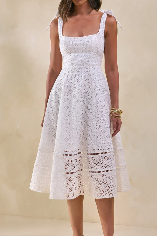 Broderie Square-Neck Bow Midi Dress