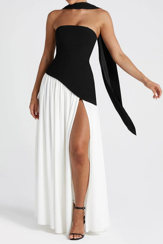 Strapless Asymmetric Corset Scarf Maxi Dress