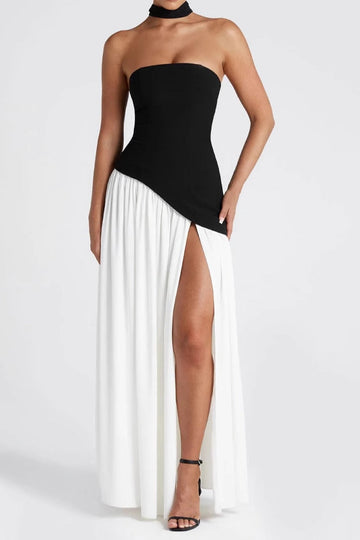 Strapless Asymmetric Corset Scarf Maxi Dress