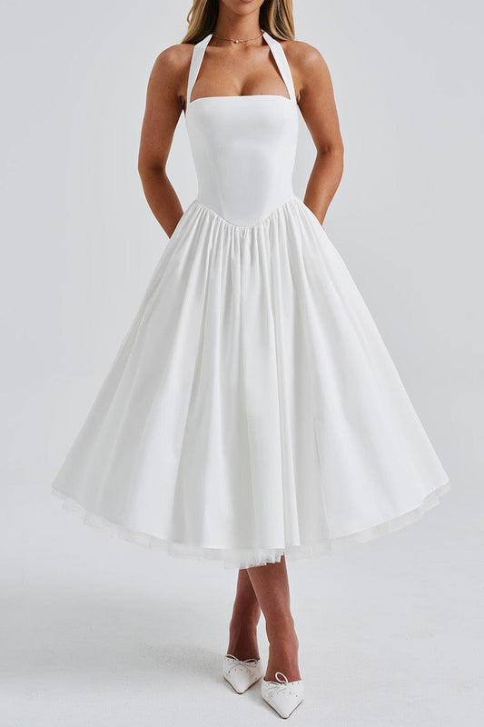 Halter Corset Full-Skirt Midi Dress