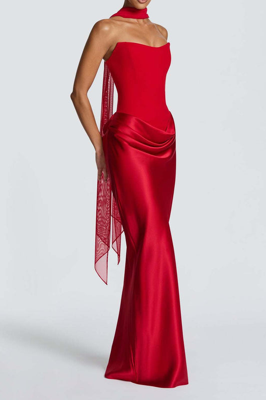 Strapless Corset Draped Satin Maxi Dress