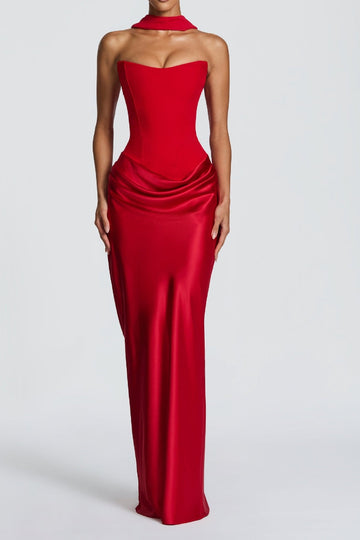 Strapless Corset Draped Satin Maxi Dress