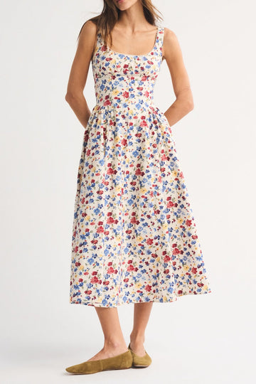 Floral Square-Neck Fit-Flare Midi Dress