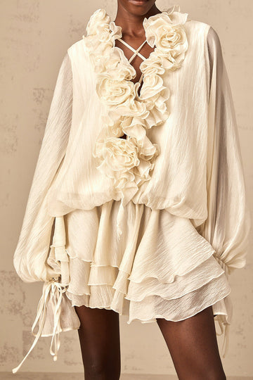 Ruffled Lace-Up Balloon-Sleeve Mini Dress