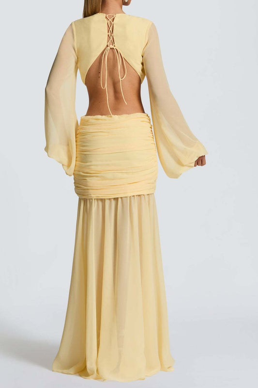 Plunge-Neck Chiffon Blouson Maxi Dress