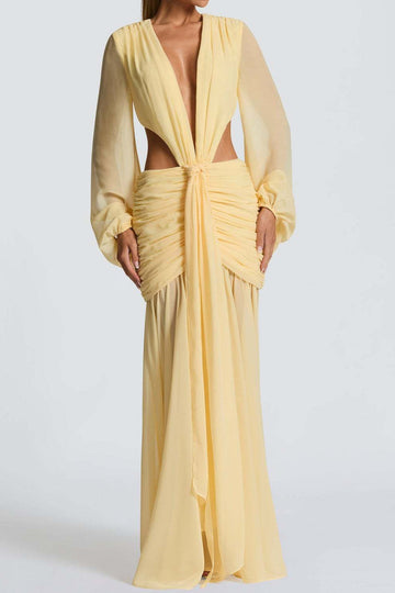 Plunge-Neck Chiffon Blouson Maxi Dress