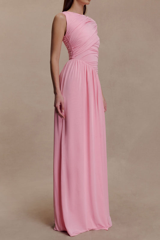 Solid Ruched Asymmetric Maxi Dress