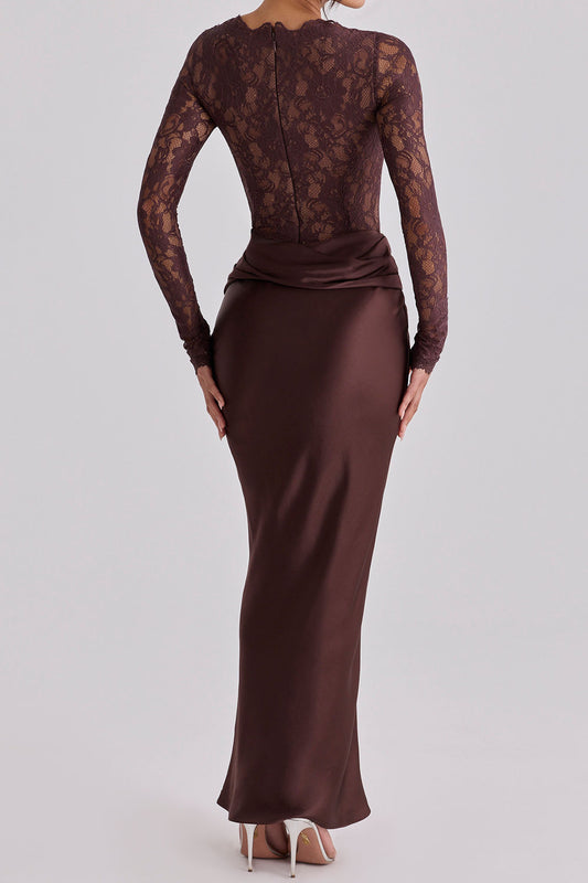 Lace Splicing Satin Long Sleeve Maxi Dress