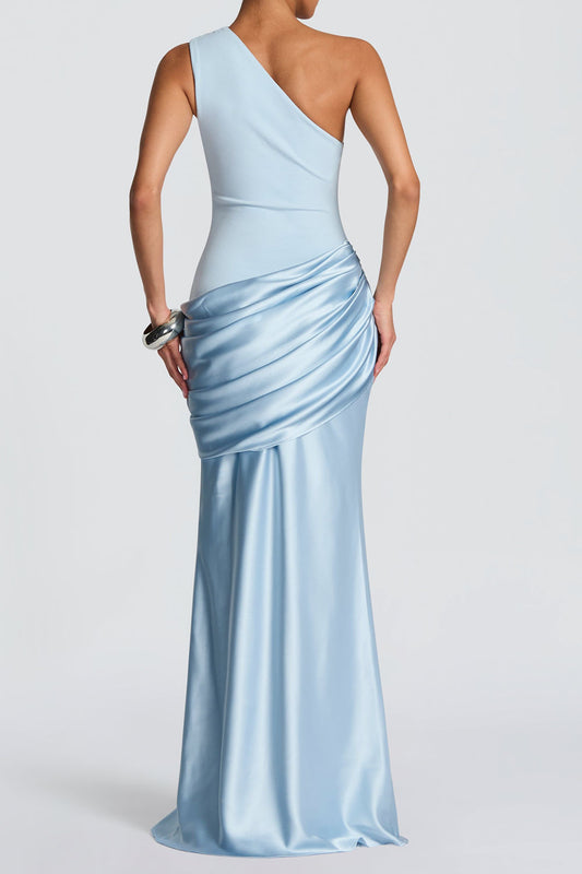 Satin Ruched One-Shoulder Maxi Dress
