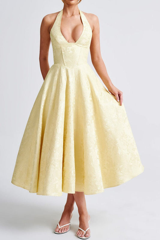Jacquard Halter Full-Skirt Midi Dress