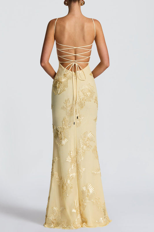 Floral Appliqué Lace-Up Maxi Dress