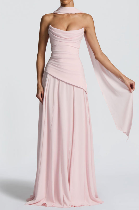 Scarf-Neck Draped Corset Maxi Dress