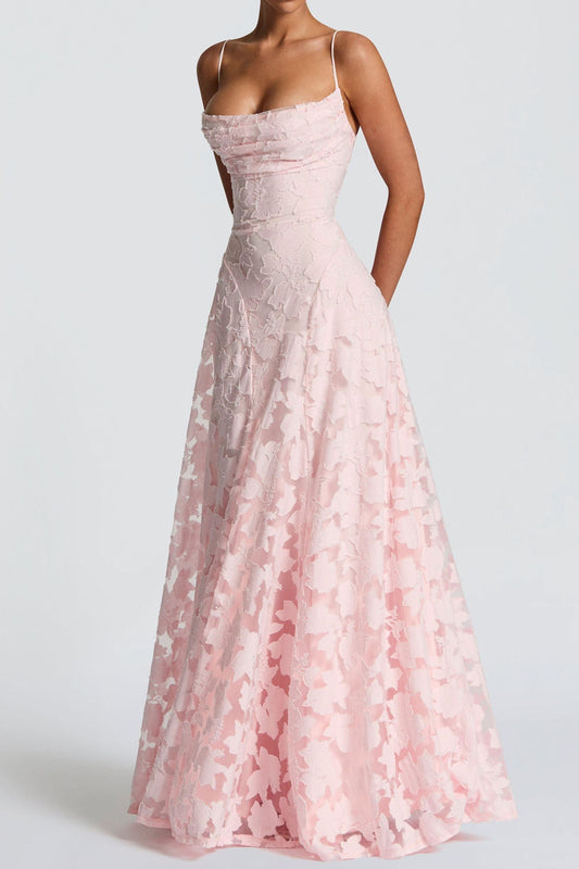 Floral Appliqué Lace-Up Maxi Dress