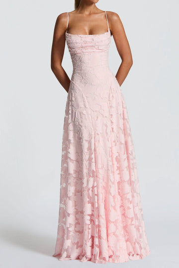 Floral Appliqué Lace-Up Maxi Dress