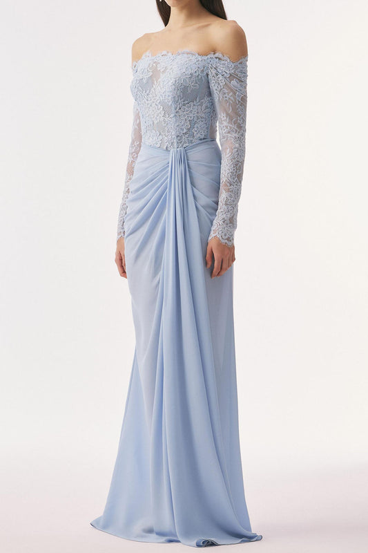 Off-Shoulder Lace Draped Maxi Dress