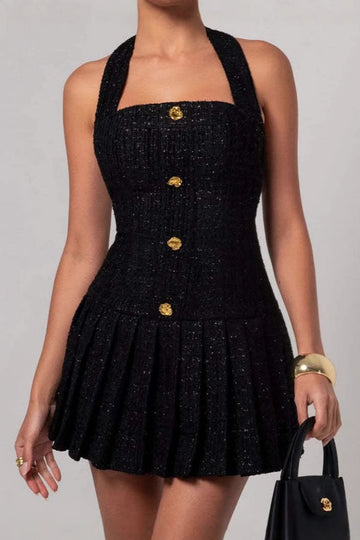 Square Neck Halter Pleated Mini Dress