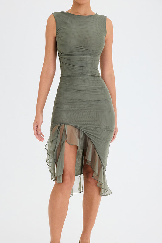 Ruched Mesh Ruffle Hem Bodycon Dress