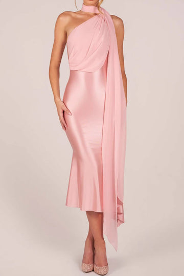 One Shoulder Draped Satin Midi Dress
