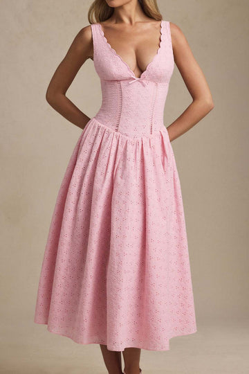 Lace Trim V Neck Midi Dress