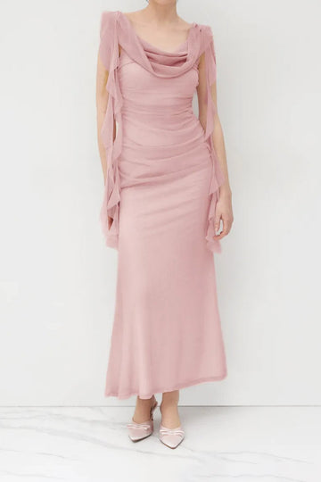 Draped Cowl Neck Ruched Midi Dress