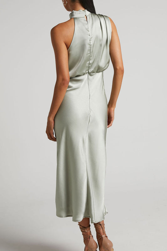 Satin Halter Cowl Neck Midi Dress